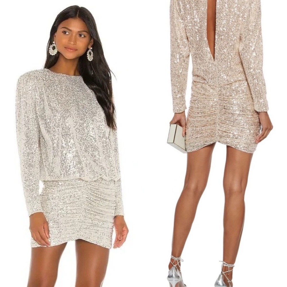 RETROFÉTE Flynn Ruched Sequined Tulle Mini Dress in Champagne Size Medium - Picture 11 of 13